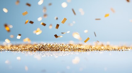 Wall Mural - gold confetti scattered on a white surface, illuminated by a warm, directional light, emphasizing th