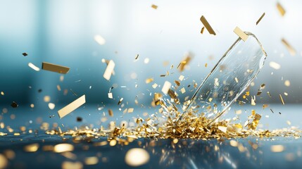 Wall Mural - golden particles exploding from a shattered glass surface, creating a dramatic and visually striking