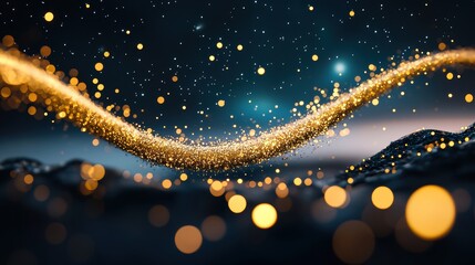 Wall Mural - a stream of golden particles flowing through a cosmic landscape of nebulae and stars, evoking a sens