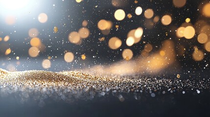 Wall Mural - abstract golden particles resembling stardust scattered across a dark background, suggesting the inf