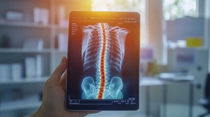 Fototapete - A hand holds a tablet displaying a detailed x-ray of the human spine in a medical setting.