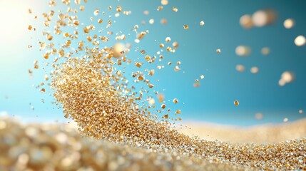 Wall Mural - a golden particle wave breaking apart into smaller particles, creating a sense of disintegration and