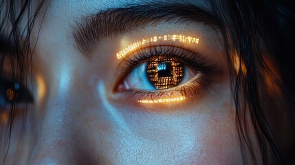 Woman's eye, digital code, dark background, futuristic concept, tech