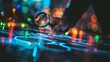 © Roey - Detective examining evidence with fingerprints and magnifying glass against blurred crime scene background.