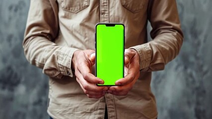 Aufkleber - A person stands against a textured wall, holding a smartphone with a bright green screen. This setup is ideal for showcasing digital mockups or app designs.