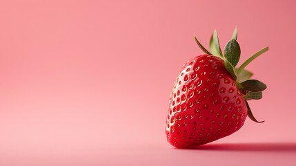 Wall Mural - a single strawberry with green leaves on a pink background.