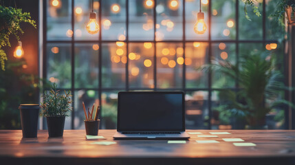 Wall Mural - Modern Laptop Computer Resting on a Rustic Wooden Table Surrounded by a Cozy and Inviting Workspace Atmosphere Perfect for Productivity and Creative Inspiration in a Home Office Setting