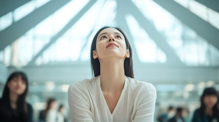 Wall Mural - Young woman looking up in modern building.