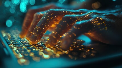 Nighttime coder's glowing hands typing on laptop