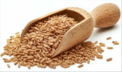 Wall Mural - Brown rice in wooden scoop isolated on white background