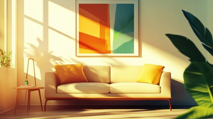 Sticker - A modern living room with bright sunlight streaming in, featuring a sleek sofa and abstract artwork on the wall.