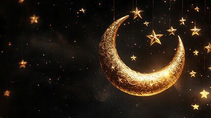 Sticker - 3d render of hanging exquisite crescent moon with stars on black background, islamic religious concept