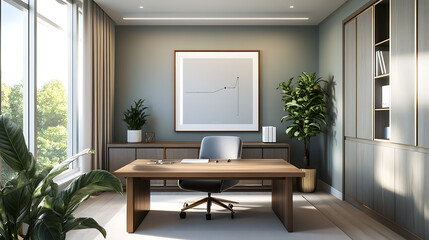 Poster - A modern office interior with a large framed poster on the wall, an empty wooden desk, a chair, and a plant near a window