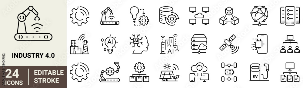 Industry 4.0 web line icons. industrial revolution, smart factory ...