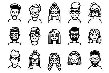 Wall Mural - Different male and female characters user avatars in cartoon black vector line art on white background