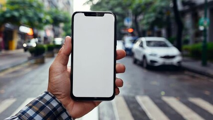 Poster - A person stands on a crosswalk, holding a blank smartphone against a blurred urban backdrop with rainy weather. The scene captures the vibrant life of the city while focusing on the device.