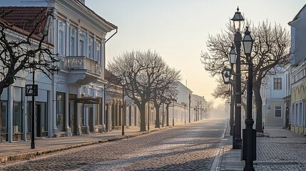 Canvas Print - A tranquil street scene at dawn, featuring bare trees and vintage street lamps.