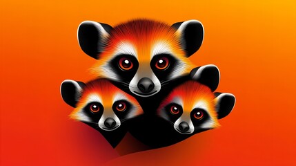 Three adorable raccoons peek from a vibrant orange background.  A playful and heartwarming image!