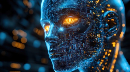 Futuristic AI head, glowing eyes, digital background, tech concept