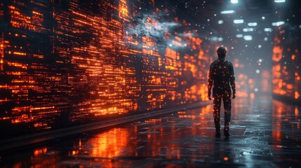 Futuristic coder walking data tunnel, glowing code wall, digital background