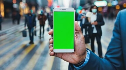 Poster - A person stands confidently in a busy city street, showcasing a smartphone with a bright green screen. People bustle past, highlighting the urban atmosphere and dynamic movement of the scene.