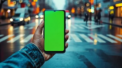 Poster - A person holds a smartphone displaying a green screen while standing on a crosswalk in a busy city street. The wet pavement reflects surrounding cars and streetlights under a cloudy sky.