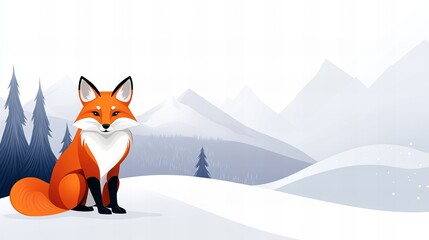 Wall Mural - A majestic fox sits serenely in a snowy landscape, mountains in the background.