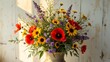 © Shahina - Lush Hand-Tied Wildflower Bouquet, Red Poppies, Yellow Daisies, Lavender in Vintage Vase