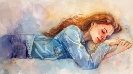 Wall Mural - A woman is sleeping on her side, holding the pillow with one hand and resting her head on it