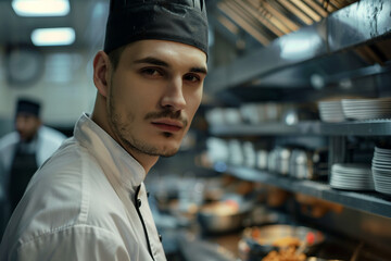 Canvas Print - Portrait of a smiling chef in busy restaurant generative AI