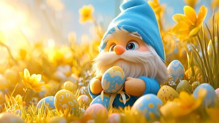 An adorable Easter gnome sits amidst colorful eggs in a field of daffodils, holding a decorated egg. A cheerful scene for Easter celebrations.
