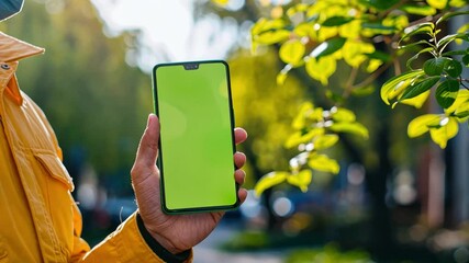 Poster - A person in a bright jacket holds a smartphone displaying a green chromakey screen amid lush greenery, showcasing a vibrant outdoor environment on a sunny day.