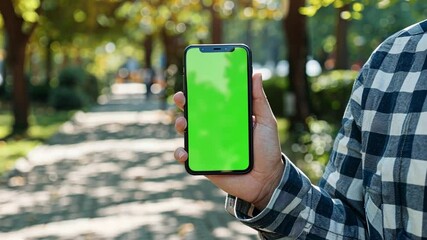 Leinwandbilder - A person stands in a lively park, holding a smartphone displaying a bright green chromakey screen. Trees and pathways surround them, creating a refreshing atmosphere.