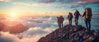 © Oran - Climbers ascend rocky peak at sunrise, surrounded by clouds and mountains, showcasing adventure and teamwork