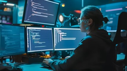 A focused programmer working with multiple screens, surrounded by tech, immersed in code