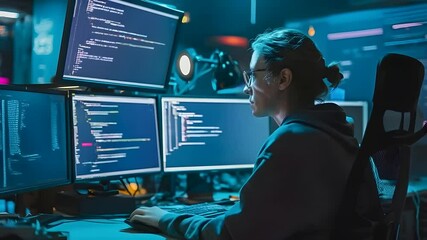 A focused programmer working with multiple screens, surrounded by tech, immersed in code