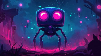 Wall Mural - A Neon Robot Stands in a Surreal Landscape