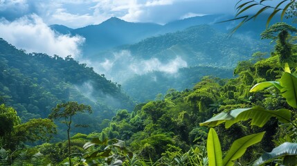 Wall Mural - A lush rainforest with mountains in the background.