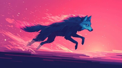 Wall Mural - A Blue Wolf Leaps Across a Pink Sunset Sky