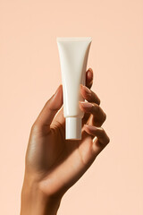 Wall Mural - Hand holding template tube of cosmetic beauty product for skincare treatment isolated on background