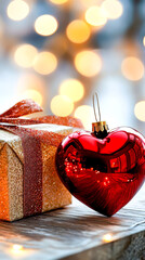 Wall Mural - festive heart-shaped ornament rests beside a beautifully wrapped gift against a backdrop of glowing 