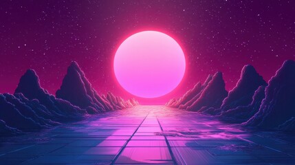Wall Mural - Retro Futuristic Landscape with Pink Sun and Mountains