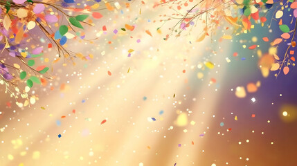 Canvas Print - Colorful confetti falling from branches, sunbeams, festive background; ideal for celebrations, cards, or websites