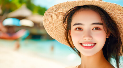 Bright summer day at the beach with a smiling girl in a straw hat enjoying the sun and the beautiful scenery