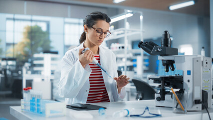 Wall Mural - Medical Research Laboratory: Portrait of a Beautiful Scientist Using Micropipette to Analyze Samples Under Microscope. Advanced Scientific Lab for Medicine, Biotechnology, Microbiology Development