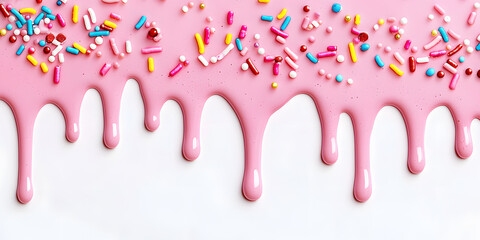 Pink cream with colorful sprinkles dripping down from top , isolated on white background