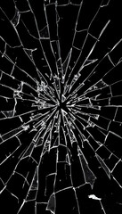 A Broken Glass Surface, With Jagged Fragments Radiating Outwards From A Central Point of Impact. The Glass Is Black And White. The pattern reflects the force of the impact that fractured the surface
