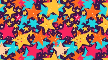 Canvas Print - a seamless pattern of colorful stars on a dark background with a grunge effect.