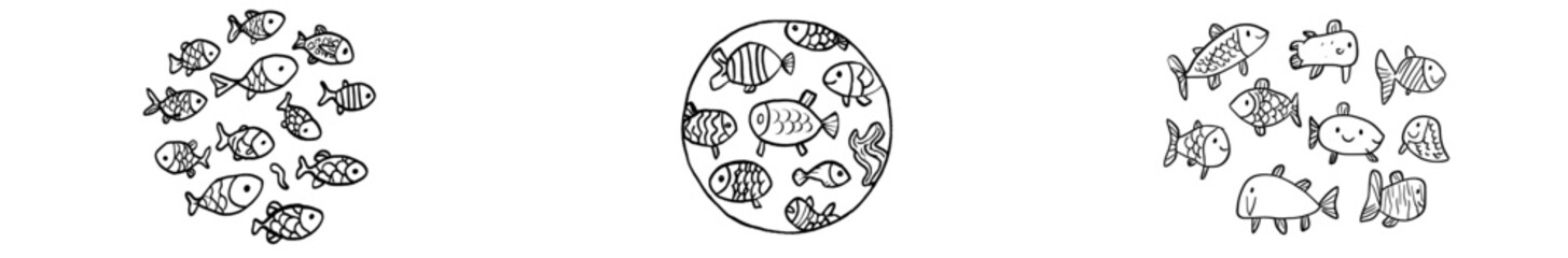 Poster - Circle shape coloring page featuring cute fish. Sea life animals in black and white