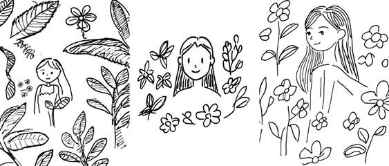 Poster - Hand drawing coloring for kids and adults. Beautiful illustrations featuring patterns and fine details. Coloring pages with a beautiful girl, flowers, and tropical leaves. Modern art